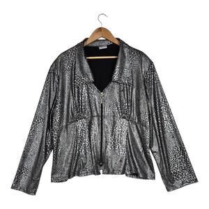 Artex Fashions Jacket Sz 2X Black Silver Metallic Animal Print Slinky Zip Up